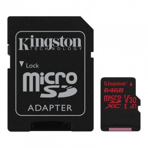 Card de memorie micro sdxc 64gb + adaptor sd canvas react, kingston sdcr/64gb