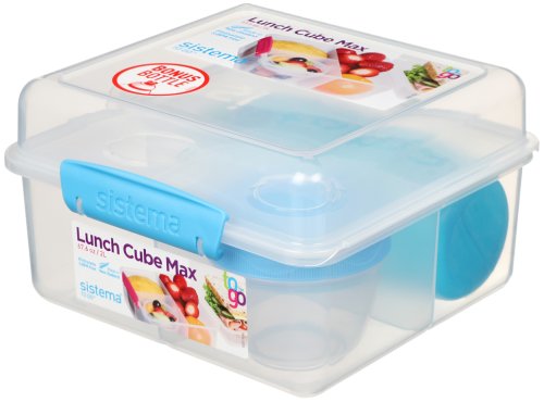 Cutie alimente din plastic cube max 2l cu sticla pentru apa 385 ml