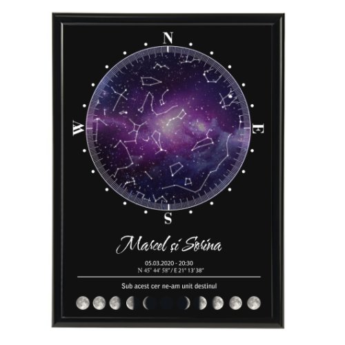 Tablou personalizat cu harta stelelor, model compas, 20 x 30 cm