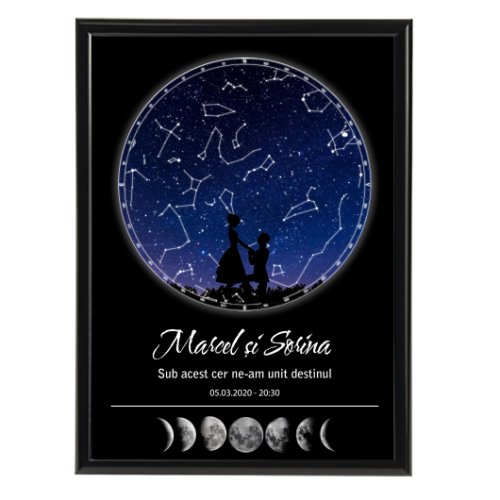 Tablou personalizat cu harta stelelor, model cu luna, 20 x 30 cm