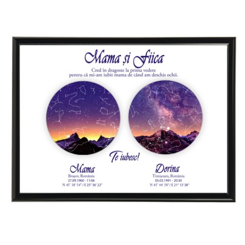 Tablou personalizat cu harta stelelor, model mama si fiica colorat, 20 x 30 cm