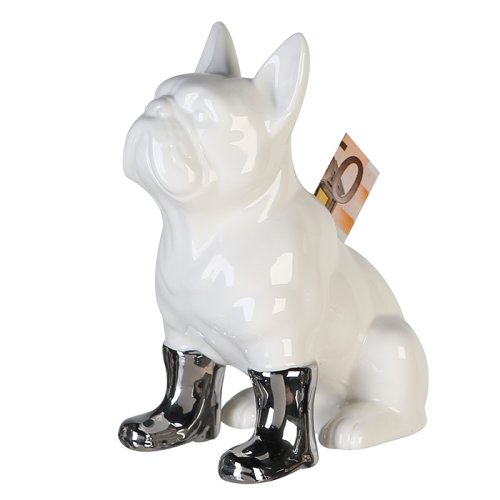 Pusculita funny bulldog, portelan, alb argintiu, 15.5x10x19 cm