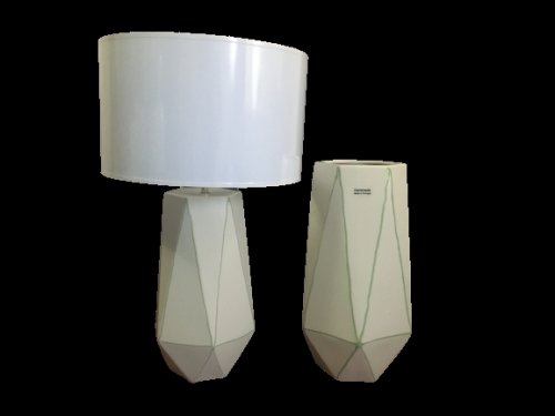Set 1 lampa cu 1 vaza stripes, ceramica, alb verde, 40 34 cm