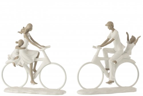 Set 2 figurine parent with child on bicycle, rasina, alb, 23x6.5x25 cm