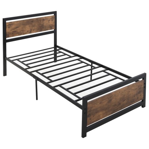 Cadru de pat de o persoana homcom din lemn si otel 90x200cm, sipci integrate, tablie de cap si tablie picioare in stil industrial