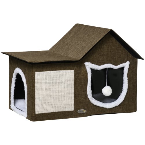 Casa apartament pentru pisici pawhut cu pernuta de zgariat, perna moale, cu usa, maro | aosom ro