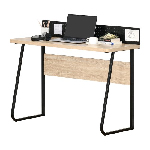 Homcom birou modern pentru camera si birou cu orificiu pentru cabluri si panou perforat, metal si lemn, 110x48x90cm, culoarea lemnului si negru