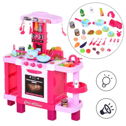 Homcom bucatarie jucarie pentru copii cu 38 accesorii incluse , jucarie cu lumini si sunete realistice, 78x29x87cm,roz