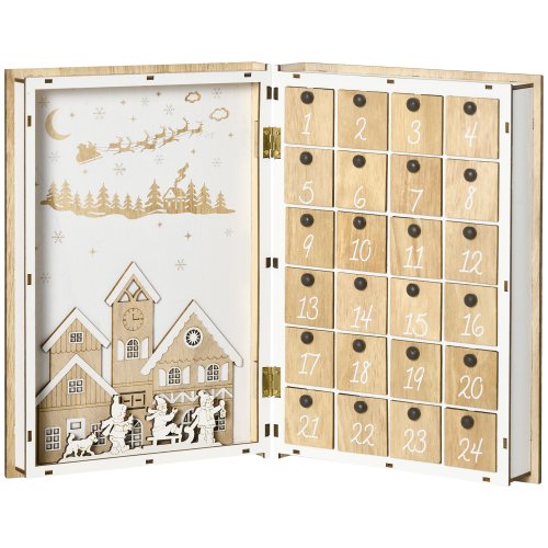 Homcom calendar de advent de craciun in forma de carte cu decoratiuni tematice, 22x7x32 cm, din placaj, culoare alb si lemn