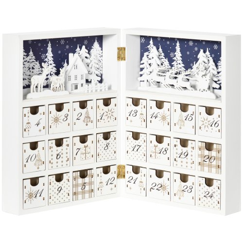 Homcom calendar de advent de craciun in forma de carte cu litere si decoratiuni tematice, 22x9x30 cm, din placaj, alb