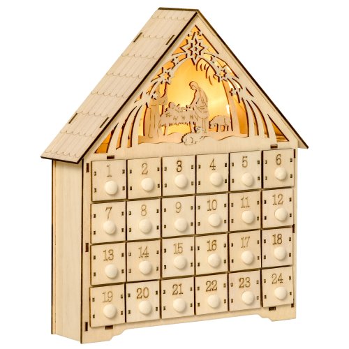 Homcom calendar de advent din lemn 24 sertare decoratiune de craciun cu nasterea domnului sculptata si luminite, 26.6x6x30cm