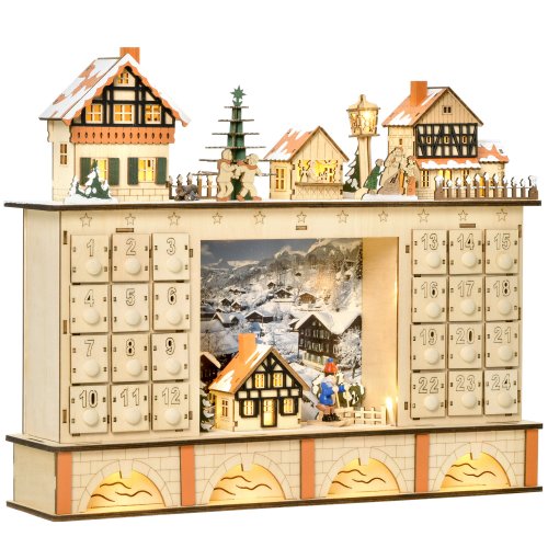 Homcom calendar de  advent din lemn cu 24 de sertare de umplut, decoratiune cu  satul de craciun si lumini, 44x10x37cm