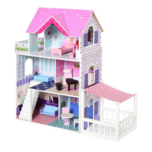 Homcom casa de papusi din lemn pentru copii 3 ani+ cu 12 accesorii, trei etaje, curte si mobilier, roz