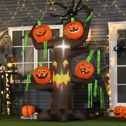 Homcom gonflabil pentru halloween cu forma de copac infestat cu fantome si bostani cu lumini led 240cm