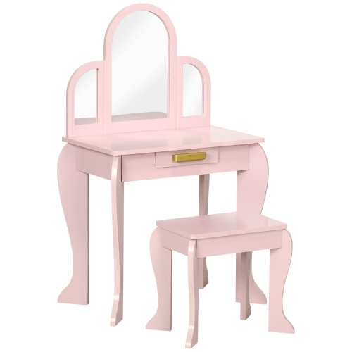Homcom masa cu oglinda si taburet, set de vanitate pentru copii, birou de machiaj pentru fete cu sertar pentru copii de 3-6 ani, roz | aosom ro