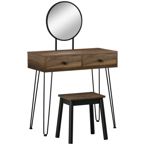 Homcom masa de machiaj in stil industrial, set masa de toaleta cu taburet si oglinda de machiaj, postatie de machiaj din lemn si metal pentru cameră