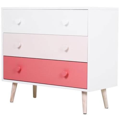Homcom mobilier comoda cu picioare din lemn de pin 3 sertare alb si roz 90 x 42 x 80cm