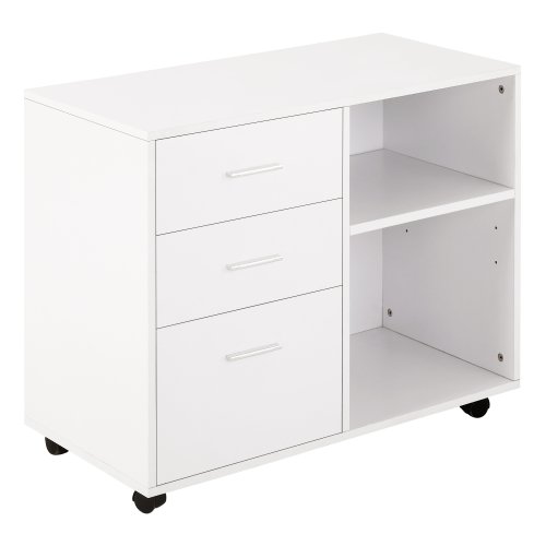 Homcom mobilier pentru imprimanta cu 3 sertare din lemn, mobilier birou multifunctional cu 4 roti si rafturi deschise, 80x40x65cm, alb