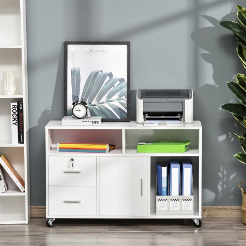 Homcom mobilier suport imprimanta cu sertare, dulapior multifunctional pentru birou si casa, negru si alb, 100x35x65cm