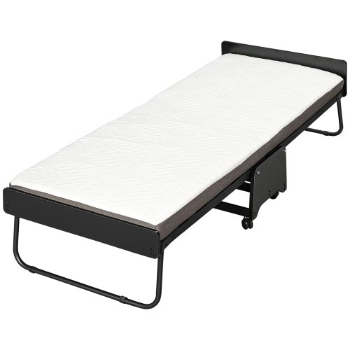 Homcom pat pliant cu saltea de 10 cm inaltime, pat pentru o persoana cu roti si lamele, 80x200 cm, negru