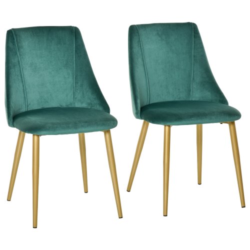 Homcom scaune moderne si capitonate pentru salon, sufragerie, bucatarie, zoan de servit masa, set 2 piese, verde si auriu, 50x56.5x85cm