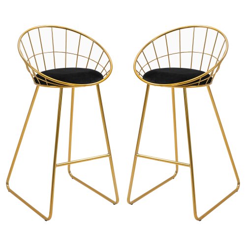 Homcom set 2 scaune inalte, suport pentru picioare, perna de catifea, poliester/metal, 52.5x47x97cm, negru/auriu