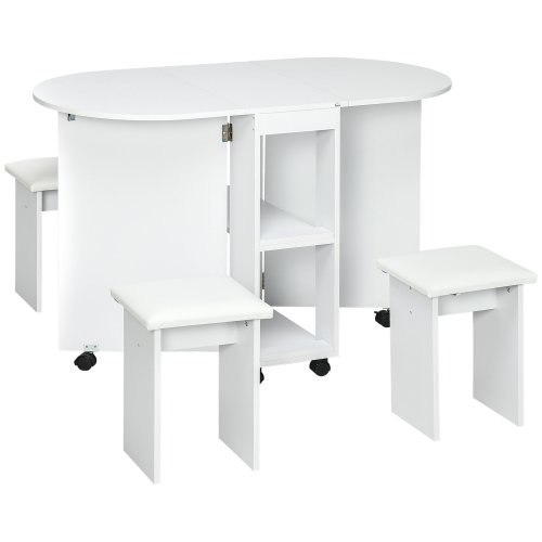 Homcom set de masa pliabil pentru 4 persoane, set de masa de 5 piese cu frunze cu scaune de sufragerie tapitate, masa de bucatarie mobila cu rafturi de depozitare si 6 roti, alb