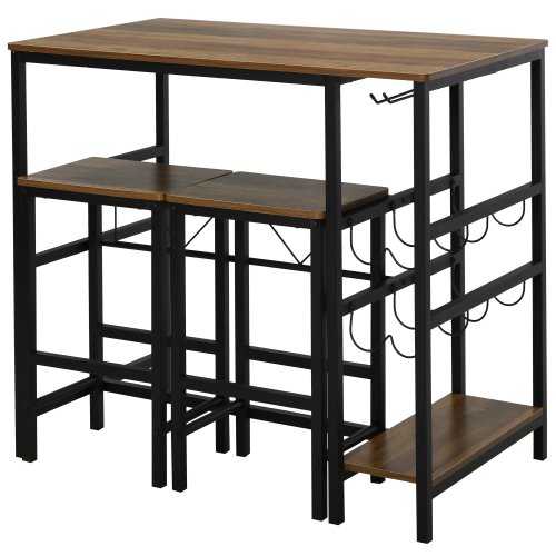 Homcom set masa cu 2 scaune de bar din lemn 8 suporturi pentru sticle 4 suporturi pentru pahare