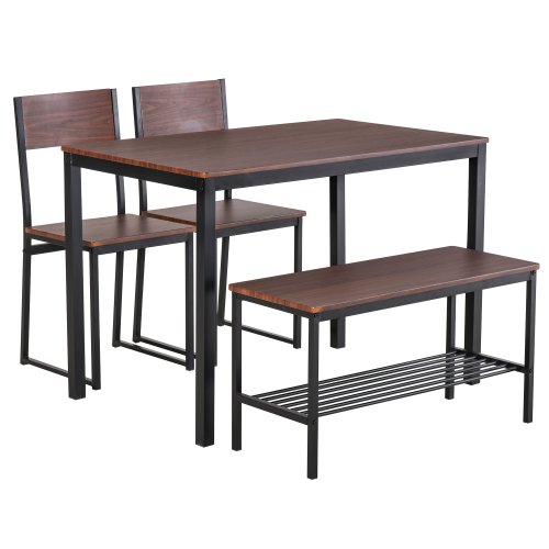 Homcom set masa cu banca 2 locuri si 2 scaune in stil industrial lemn si metal