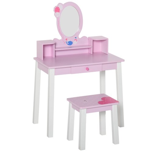 Homcom set masa de toaleta cu oglinda si scaun, masa de printese pentru copii, masa de machiaj | aosom ro