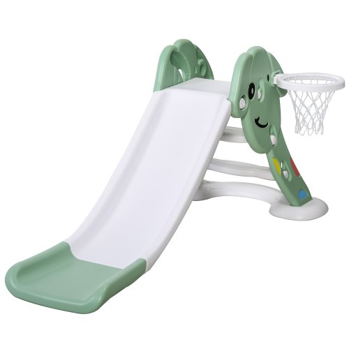 Homcom tobogan pentru copii 2-6 ani cu cos, minge basket si pompa pentru gradina sau dormitor copii, verde si alb