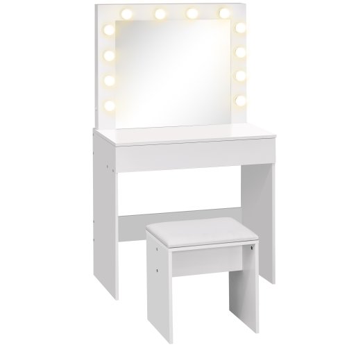Homcom Masa de machiaj cu scaun tapitat oglinda cu12 lampi cu led sertar mare vintage pentru dormitor din mdfalb