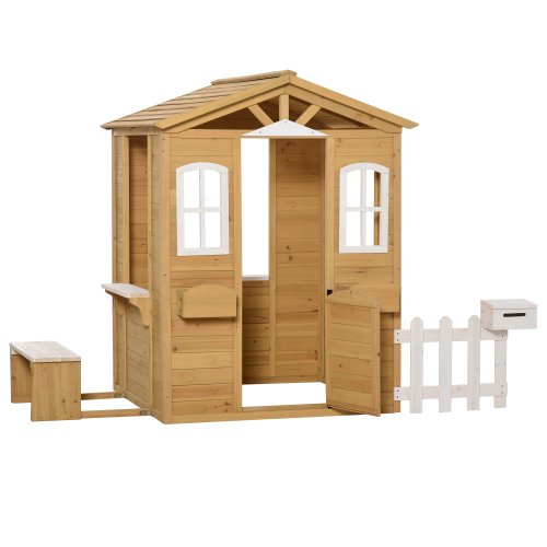 Outsunny casuta pentru copii din lemn cu ferestre, gard, suport pentru ghivece si banca 110x107x140cm lemn natural si alb
