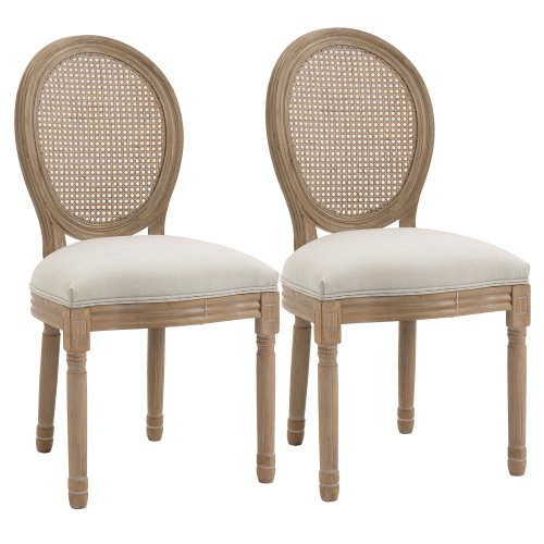 Set 2 scaune cu spatar perforat stil vintage, tapiterie poliester efect de in, lemn si panza, 49x56x96cm, alb-lemn homcom | aosom ro
