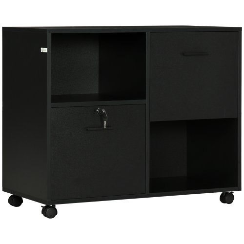 Vinsetto dulap de birou cu 2 sertare pentru dosare si rafturi deschise din pal, manere din otel, roti cu blocare, 80x40x66cm, negru
