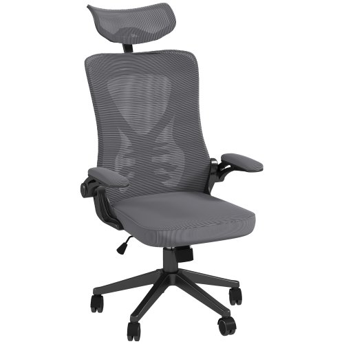 Vinsetto scaun de birou cu inaltime reglabila cu tetiera, suport lombar si cotiere rabatabile, 65x64x120-130 cm, gri si negru