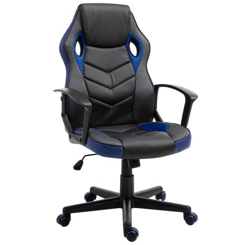 Vinsetto scaun de gaming fotoliu de birou rotativ cu roti din piele ecologica negru si albastru, inaltime ajustabila