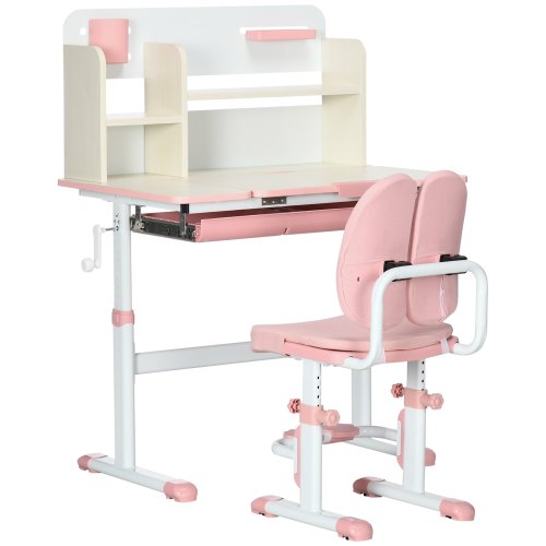 Homcom Zonekiz set de birou si scaun cu inaltime reglabila birou de scriere pentru copii masa de studiu pentru scoala cu raft | aosom ro