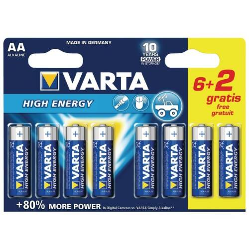 Set 8 baterii aa r6 alcaline high energy varta, 1.5v