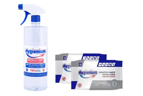 Pachet hygienium virucid dezinfectant maini,1 l + hygienium servetele umede dezinfectante 2 x 48 buc, avizat ministerul sanatatii