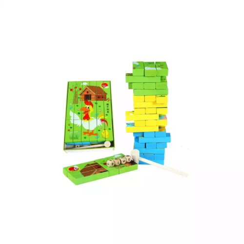 Joc jenga turnul instabil si puzzle cuburi lemn