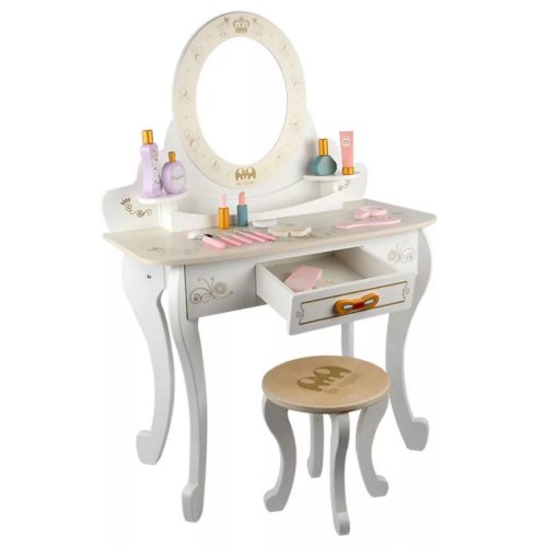 Set masa toaleta pentru machiaj cu oglinda si scaune, din lemn, pentru copii, alba