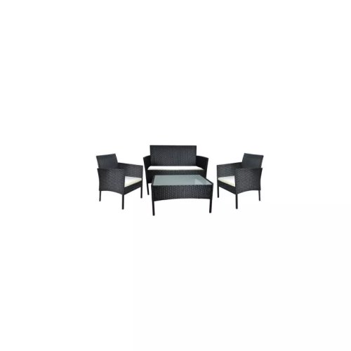 Set mobilier gradina/terasa, poliratan, structura metalica, negru cu perne crem, 1 masa, 2 fotolii, 1 canapea, malatec