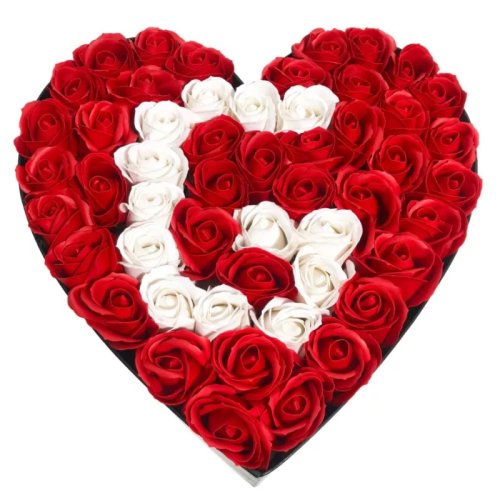Aranjament floral trandafiri sapun - cutie inima litera (orice litera) 49 trandafiri rosu cu alb - vltn127