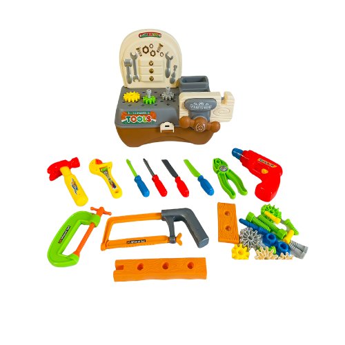 Banc de scule mic, unelte si elemente constructie pentru copii, 34 piese