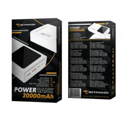 Baterie externa/powerbank beepower bp-20pd, quick charge, 20000mah, 22.5w pd 2.1a usb-c + 2 x usb3.0, alb