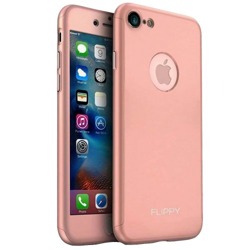 Husa protectile flippy premium full cover 360 pentru apple iphone 8, roz auriu cu folie sticla inclusa