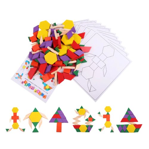 Joc educativ tangram din lemn cu 250 piese geometrice multicolore si cifre, wd2027 rco®