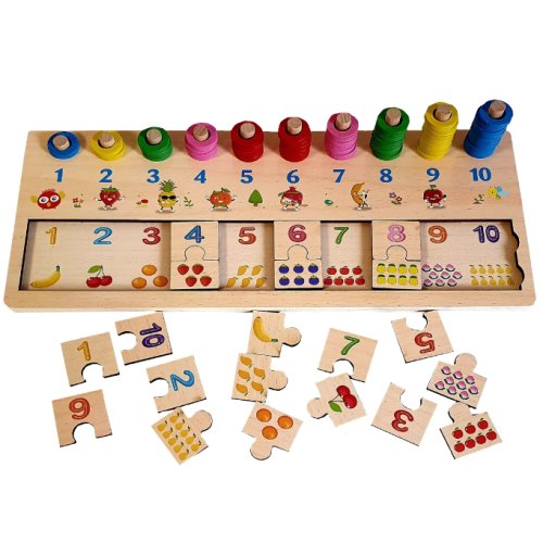Jucarie educativa din lemn 3 in 1, numaratoare, puzzle, asociere imagini