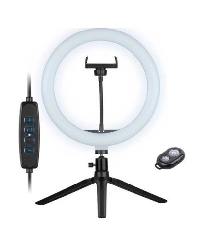 Lampa circulara ringlight 26 cm cu mini trepied, cap bila rotativa plus telecomanda, negru